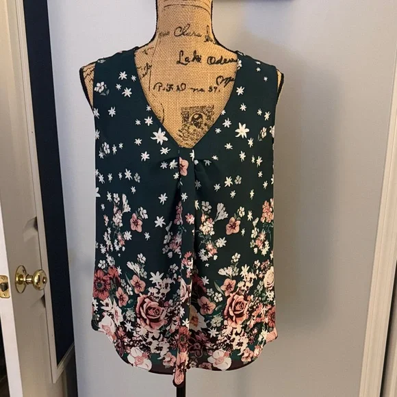 New York & Company Floral Blouse - Dark Green and Pink - Picture 1 of 3
